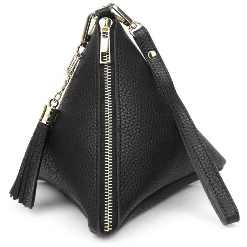 Pyramid Shape Tassel Wristlet Bag, BLACK
